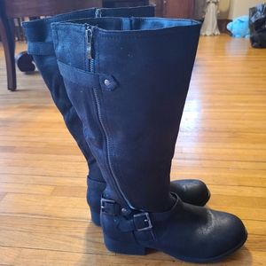 Chelsea Moreland black buckle calf high fall winter boots. Women's size 7.5 wide